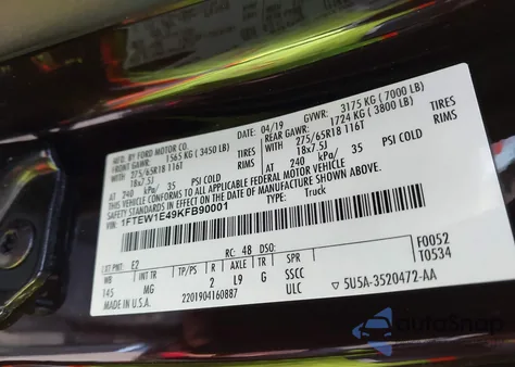 2019 Ford F-150 Xlt z USA, uszkodzony, nr VIN 1FTEW1E49KFB90001